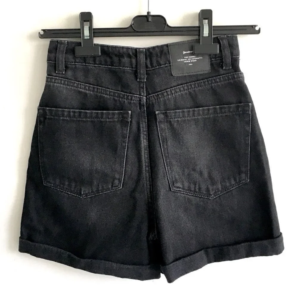 STRADIVARIUS High Waisted Denim Jean Shorts Cuff Black 24